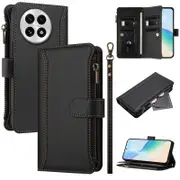 Foxdock Case for OnePlus 13 Premium Leather Zipper Pocket Wallet Phone Case with 9 Card Slots and Detachable Wrist Strap Black