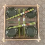New Sushi Set 4 Fish Shaped Bowls, Chopsticks, Rests, Bamboo Serving Tray