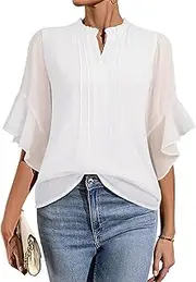 [LOOKBOHO] Women's 3/4 Sleeve Tops Dressy Casual V Neck Ruffle Sleeve Chiffon Blouses Shirts