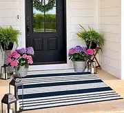 BUAGETUP Blue and White Outdoor Rug 3'x 5' Hand-Woven Cotton Washable Rug Striped Front Porch Rug Machine Washable Indoor/Outdoor Area Rug Floor Mat for Farmhouse/Layered Door Mats/Living Room