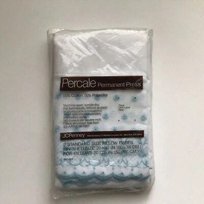 Vintage Percale Pillowcases White and Blue Eyelet Lace Standard Pair NOS