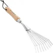 Berry&Bird Gardening Hand Shrub Rake, 14.7" Stainless Steel Grass Rake, 9 Tines Fan Lawn Leaf with Ergonomic Wooden Handle, Small Hand Rake for Sweep Leaves & Loose Debris in Garden, Lawns and Yards