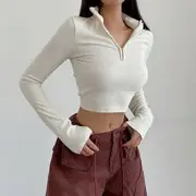 Long-Sleeve Collar Zip-Up Plain Crop Top Almond - M