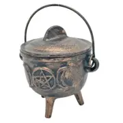 Cast Iron cauldron with lid, Triple Moon Pentagram, Copper Antique Finish,Medium