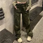 Long-Sleeve Plain Cropped T-Shirt / Low Rise Loose Fit Cargo Pants Pants - Green - XL