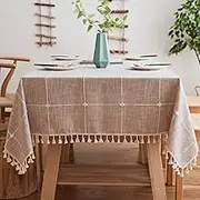 Solid Rectangular Cotton Linen Tablecloth with Plaid Pattern and Tassels for Kitchen Dining Room Table Decoration (Coffee Brown Check, 140 x 260 cm)