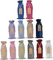 Ciieeo 12Sets Wine Bottle Cover Burlap Drawstring Bags with Kraft Paper Labels for Christmas Birthdays Anniversaries Celebrations