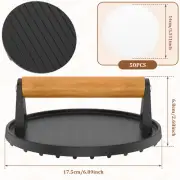Grooved Burger Press Iron Round Hamburger Patty Maker Wood Handle BrROC