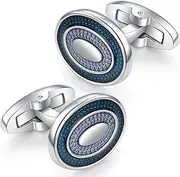 [HONEY BEAR] Oval Cufflinks for Mens Shirt Suit Wedding Business Gift, Blue with Silver, 1.8cm*1.5cm, Copper, no gemstone