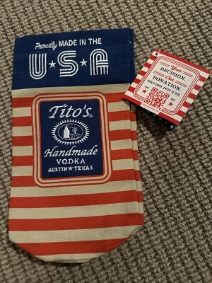 TITOS Handmade Vodka Red White Blue USA Burlap Drawstring Bag 10" Embroidered