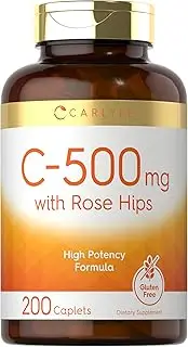 Vitamin C 500mg with Rose Hips | 500 Tablets | Vegetarian, Non-GMO and Gluten Free Supplement | High Potency Formula | by Carlyle