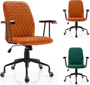 Giantex Retro Mid-Back Office Chair, Swivel Velvet Computer Desk Chair w/Rubber Wood Armrest, Height Adjustable Leisure Task Chair w/Rolling Copper Wheels for Home Office, Orange