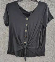 Sanctuary Tie Hem Blouse Women's XL Black Button Front V-Neck Short Sleeve