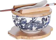 Happy Sales HSKM-DRGNB2, Japanese Kamameshi Vintage Style Rice Noodle Ramen Bowl with Bamboo Lid Trivet Chopsticks and Porcelain Spoon Bowl Set, Royal Dragon