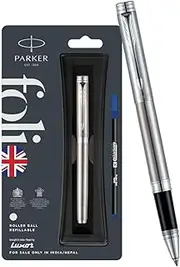 Parker Folio Roller Ball, Stainless Steel, Refillable, Chrome Trim, Pack of 1, Blue Ink, Best for Corporate Professionals, College Students, and Personal Use