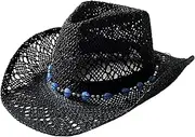 [KBQLXPKJW] Coastal Cowgirl Hat, Hollow-Out Straw Cowgirl Hat with Beaded Trim Cowboy Hat Men Shapeable Cowboy Hats Mens Straw Cowboy Hat for Men with Adjustable Strap, Classic Western Hats for Women, Black/905
