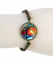 Vivid Sun & Tree of Life Cabochon Charm Suede Lobster Clasp Fashion Bracelet