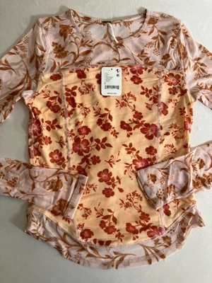 Free People Sheer Mesh Floral Top Size Small Coral Romantic Boho Hippie Cute NEW