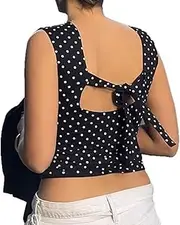 [Best Rose] Black Polka Dot Top Sleeveless Round Neck Backless Cut Out Tie Up Bodycon Stretchy Sexy Party Clubwear Top