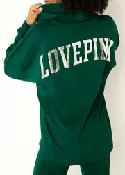 Victoria's Secret Pink Bling Varsity Hoodie Tee Shirt Green Garden Silver L XL