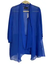 Chico's Travelers Jacket Womens Sz 2 Large Blue Sheer Fabric Mix Open Front NWT