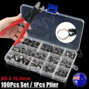 100X Assorted Hose Clamp Stainless Steel Ear Cinch Rings Crimp Pinch Set Pliers