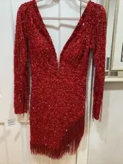 Sherri Hill 55137 Dress NEW RED SEQUIN BEADED FRINGE SZ 4 LONG SLEEVE DEEP V