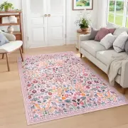 Floral Washable Area Rug 5x7, Pink Rugs for Bedroom Soft Living Room Rug, Non