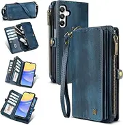 [QIXIU] for Samsung Galaxy A14 5G Wallet Case(Holds Lipstick, Headphones, etc.),Multi-Functional Portable Magnetic Faux Leather Phone Case with RFID Blocking,Shoulder Strap and Wrist Strap(Blue)