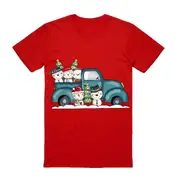 100% Cotton Christmas T-shirt Adult Unisex Tee Tops - Car with Snowman - Red
