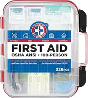 First Aid Kit Hard Red Case 326 Pieces Exceeds OSHA and ANSI Guidelines 100 People - Office, Home, Car, School, Emergency, Survival, Camping, Hunting, and Sports