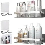 4 Pack(2*Bathroom Organizer Shelf & 2*Self-Adhesive Razor Holder Hooks),Wall Mounted Storage Shelves,Shower Caddy Shelf,Kitchen Spice Rack,No Drilling,Space Aluminum Rustproof,Silver