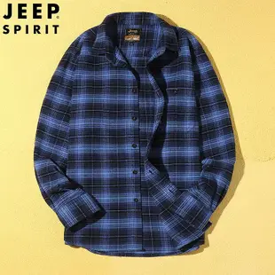 JEEP SPIRIT秋冬男士襯衫磨毛格子純棉長袖襯衣寬松加大碼打底衫