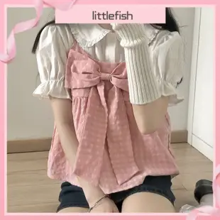【Littlefish】日系 少女純欲風 粉色 格子 蝴蝶結 背心 小可愛+白色 泡泡袖 襯衫 學生 兩件套 套裝有大尺