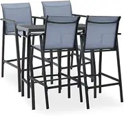 vidaXL Industrial-Style Garden Bar Set with 4 Chairs and Rectangular Table - Outdoor Dining Set in Black and Grey - Constructed from Tempered Glass, Steel & Textilene