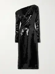 [16ARLINGTON] 16ARLINGTON - Danae Draped Asymmetric Sequined Crepe Midi Dress - Black - UK 8 UK 8 Black