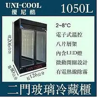 在飛比找Yahoo!奇摩拍賣優惠-UNI-COOL優尼酷雙門立式玻璃冷藏櫃1050L/黑色烤漆