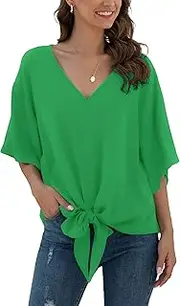 [Anelune] Women's Chiffon Blouses with V-Neck and Tie Front Batwing Sleeves Short Sleeve Summer Tops and Shirts, Bright Green, L