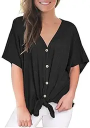 [MIHOLL] Womens Loose Blouse Short Sleeve V Neck Button Down T Shirts Tie Front Knot Casual Tops