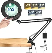 Mandland 10X Magnifying Glass with Light and Clamp, Real Glass Lighted Magnifier with 5 Color Modes & Stepless Dimmable, Hands Free Desk lamp for Hobbies, Crafts, Reading and Close Work (Black)