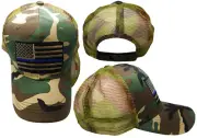 USA Thin Blue Line Black Outline Woodland Camo Mesh Trucker Embroidered Cap Hat