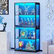 BROTTAR Display Cabinet with Glass Doors, 4-Tier Curio Cabinet with 3 Color Lights for Collectibles, Glass Display Case with Human Body Sensor, Storage Cabinet, Black