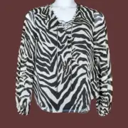 White House Black Market Womens Black White Zebra Print Lace Up Top Size M NWT