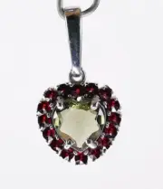 Faceted 8 mm Heart Moldavite with Garnet 925 Silver Pendant with COA