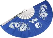 UPKOCH Stainless Steel Frame Blue Folding Fan Delicate Long Pattern Handheld Fan for Tai Chi Martial Arts Fitness Dance Performance Portable Chinese Style Accessory