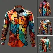 Men's Color Block Colorful Shirt Long Sleeve Artistic Abstract Daily Wear Going out Fall Winter Turndown Print Button-Down Yellow Red Blue Mint Green Orange