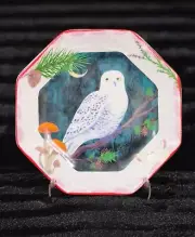 Snowy Owl Crescent Moon Mushrooms Pinecones Octagonal Salad Plates 4pc Ceramic