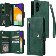 [YocoverTech] for Samsung A13 4G Case,for Galaxy A04S Wallet Case[6 Card Slots and 1 Zipper Coin Pocket] PU Leather Stand Flip Cover with Wrist Strap[6.6 inch]-Green