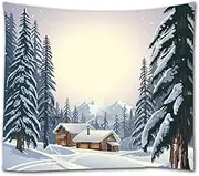 A.Monamour Forest Winter White Snow Mountain Houses Landscape Picture Art Print Fabric Wall Hanging Tapestry Wall Mural Curtain Wall Art Wall Decor for Bedroom Living Room