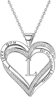 [LiuliuBull] Silver Plated Cubic Zirconia Heart Pendant Necklace, Heart Initial Necklace Dainty Initial Charm Necklace Alphabet Letter A to Z Initial Jewelry for Women Girl (Color : L)